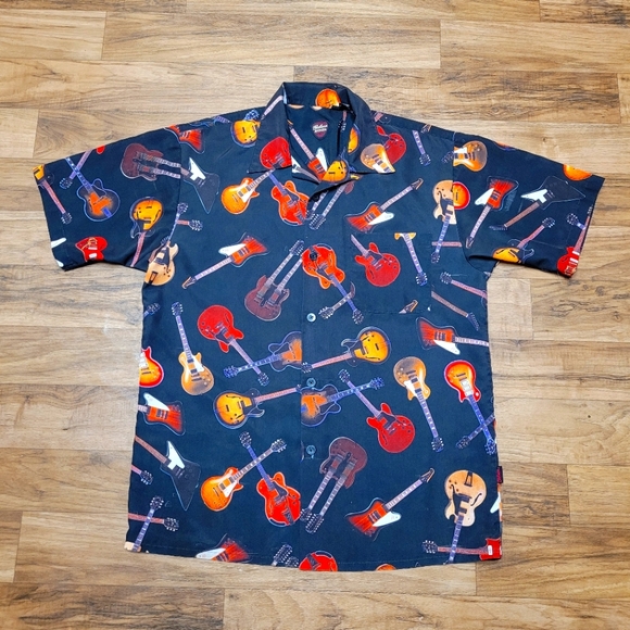Dragonfly Gibson Tour Wear Shirt Mens L Black Guitar Print Button Down - Picture 1 of 6